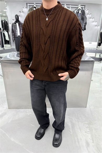 Kahverengi Örgü Desen Oversize Triko Kazak