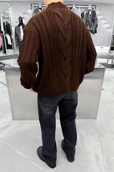 Kahverengi Örgü Desen Oversize Triko Kazak