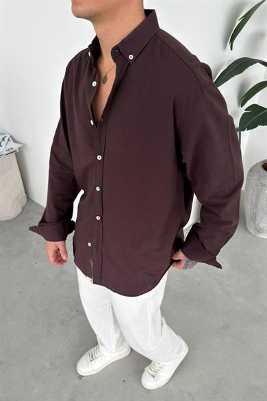 Kahverengi Oversize Fresh Keten Gömlek