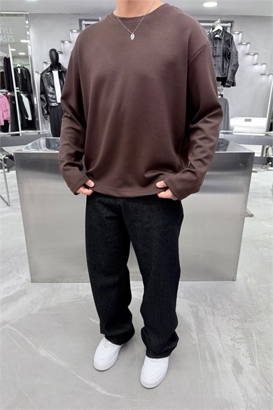 Kahverengi Oysh Kumaş Uzun Kollu Oversize Tişört