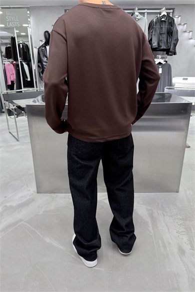 Kahverengi Oysh Kumaş Uzun Kollu Oversize Tişört
