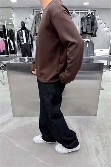 Kahverengi Oysh Kumaş Uzun Kollu Oversize Tişört