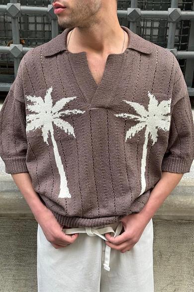 Kahverengi Palmiye Örme Triko GO Polo Yaka Oversize Tişört