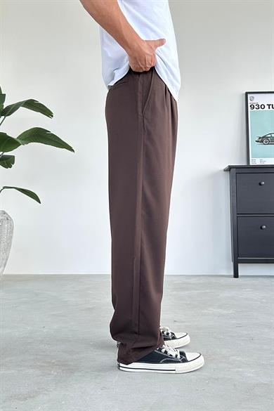 Kahverengi Pile Detay Kumaş Baggy Pantolon