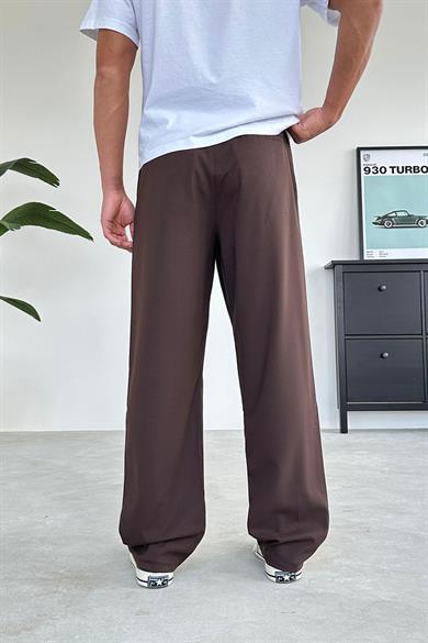 Kahverengi Pile Detay Kumaş Baggy Pantolon