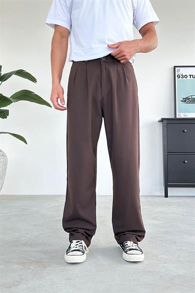 Kahverengi Pile Detay Kumaş Baggy Pantolon
