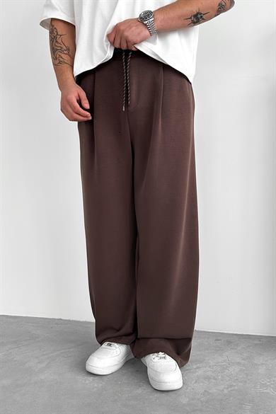 Kahverengi Pile Detay Tensel Kumaş Baggy Pantolon