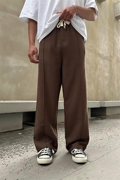 Kahverengi Pile Detaylı Beli Lastikli K3 EE Baggy Pantolon