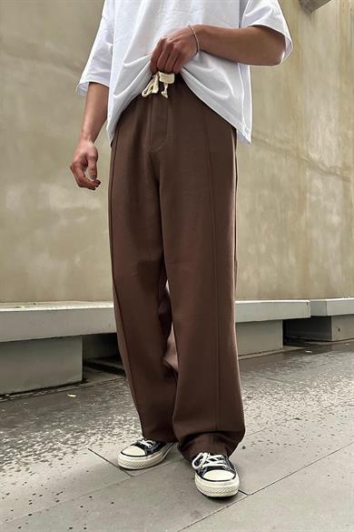Kahverengi Pile Detaylı Beli Lastikli K3 EE Baggy Pantolon