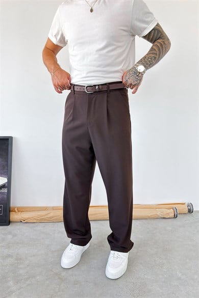 Kahverengi Pileli Baggy Fit Kumaş Pantolon