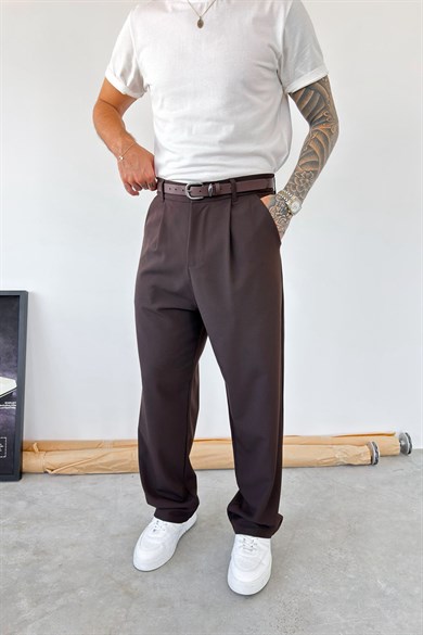 Kahverengi Pileli Baggy Fit Kumaş Pantolon