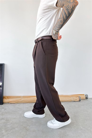 Kahverengi Pileli Baggy Fit Kumaş Pantolon