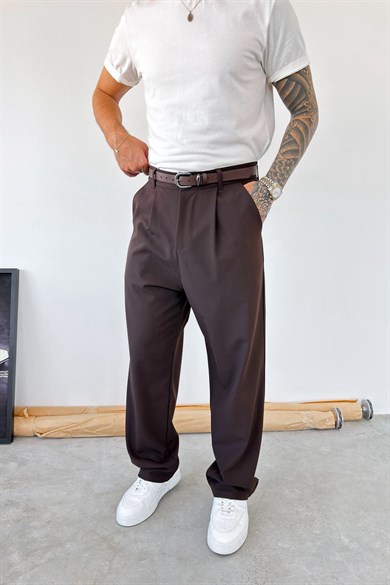 Kahverengi Pileli Baggy Fit Kumaş Pantolon