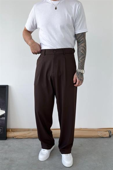 Kahverengi Pileli Baggy Kumaş Pantolon