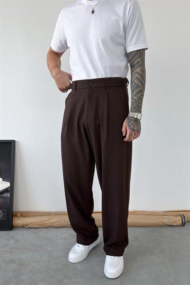 Kahverengi Pileli Baggy Kumaş Pantolon