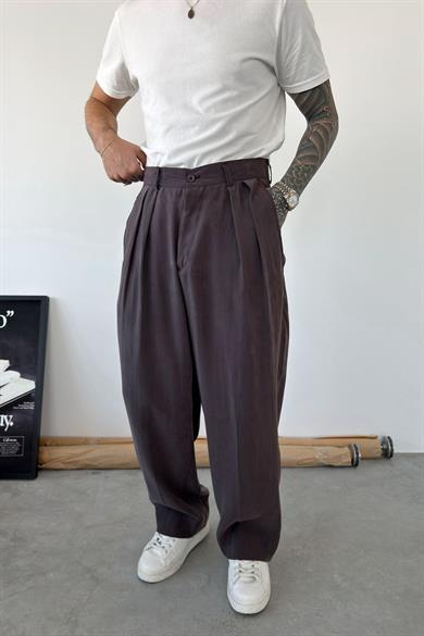 Kahverengi Pileli Modal Kumaş Baggy Pantolon