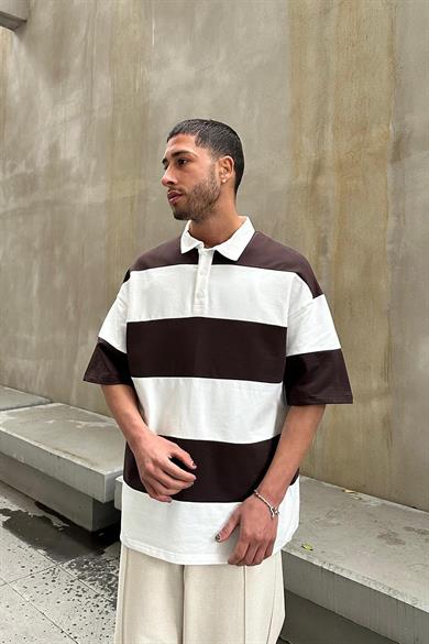 Kahverengi Polo Yaka  Çizgili EE Oversize Tişört