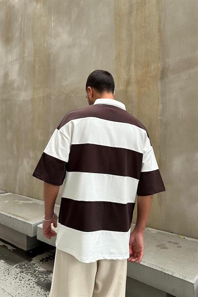 Kahverengi Polo Yaka  Çizgili EE Oversize Tişört