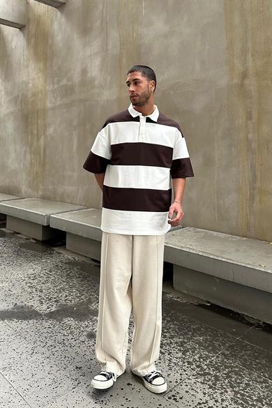 Kahverengi Polo Yaka  Çizgili EE Oversize Tişört