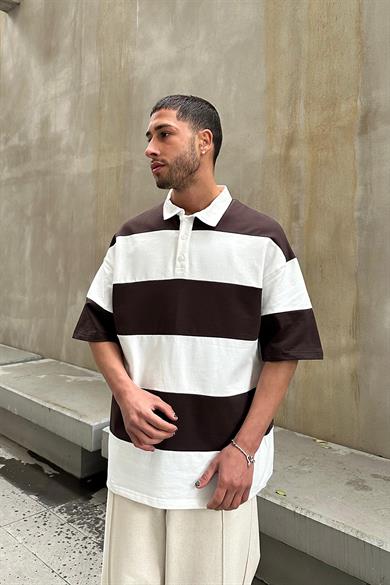 Kahverengi Polo Yaka Siyah Çizgili EE Oversize Tişört