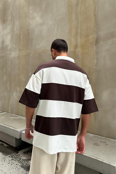 Kahverengi Polo Yaka Siyah Çizgili EE Oversize Tişört