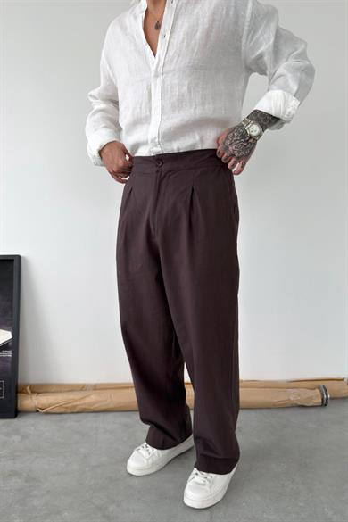 Kahverengi Premium Baggy Keten Pantolon