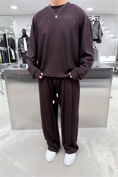 Kahverengi Premium Basic Oysh Kumaş Oversize Eşofman Takımı