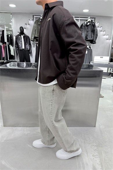 Kahverengi Premium Combat Nakışlı Oversize Gömlek
