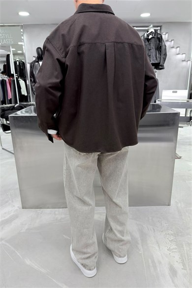 Kahverengi Premium Combat Nakışlı Oversize Gömlek