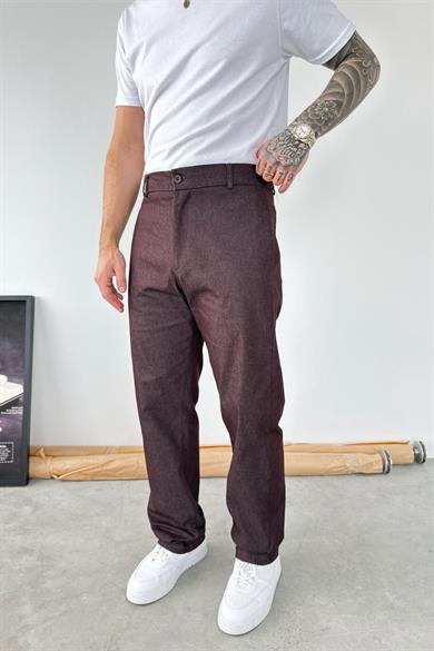 Kahverengi Premium Dokulu Baggy Kumaş Pantolon