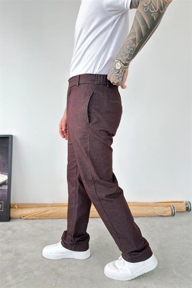 Kahverengi Premium Dokulu Baggy Kumaş Pantolon