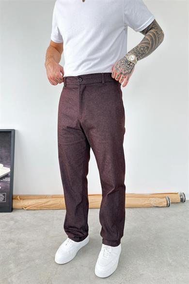 Kahverengi Premium Dokulu Baggy Kumaş Pantolon