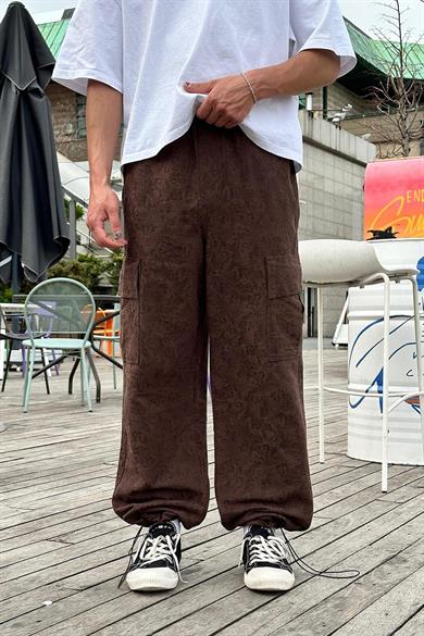 Kahverengi Premium Etnik Desen Kargo Cepli 01 GO Paçası Ayarlanabilir Baggy Pantolon