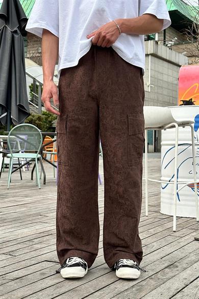 Kahverengi Premium Etnik Desen Kargo Cepli 01 GO Paçası Ayarlanabilir Baggy Pantolon