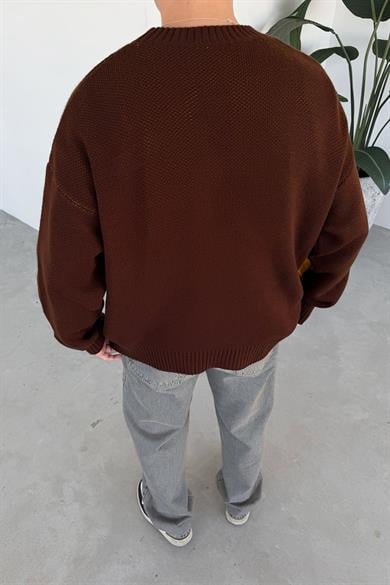 Kahverengi Premium İşleme Baskı Oversize Kazak
