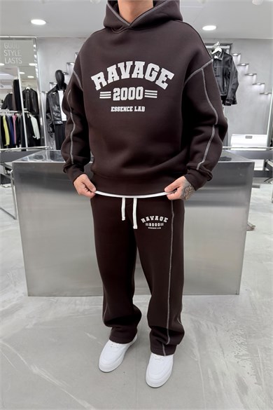 Kahverengi Ravage Nakışlı Oversize Eşofman Takımı