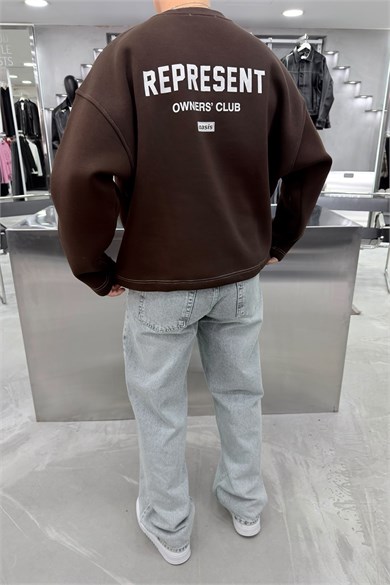 Kahverengi Represent Baskılı Boxy Kalıp Sweatshirt