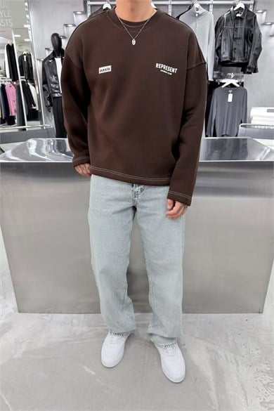 Kahverengi Represent Baskılı Boxy Kalıp Sweatshirt