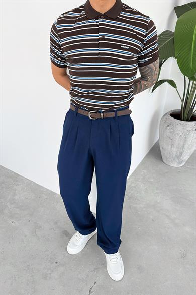 Kahverengi Retro Çizgili Regular Polo Yaka Tişört