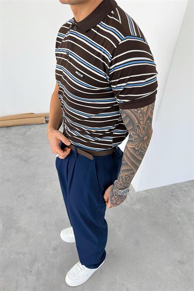 Kahverengi Retro Çizgili Regular Polo Yaka Tişört