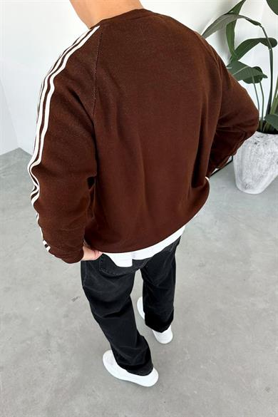 Kahverengi Şerit Detay Baskılı Oversize Sweat