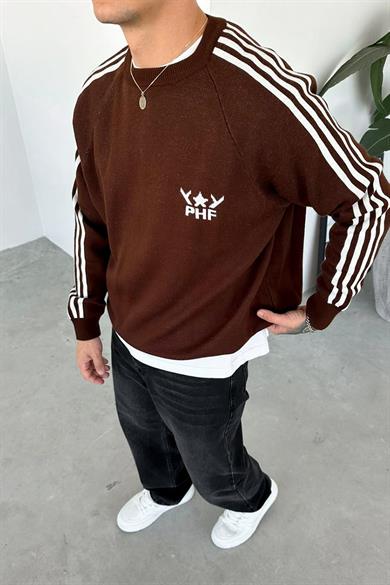 Kahverengi Şerit Detay Baskılı Oversize Sweat
