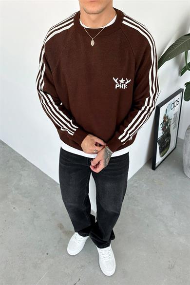 Kahverengi Şerit Detay Baskılı Oversize Sweat