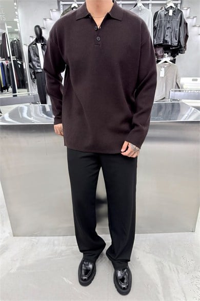 Kahverengi Soft Premium Oversize Triko Polo Yaka Kazak