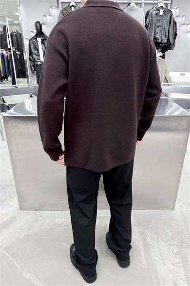 Kahverengi Soft Premium Oversize Triko Polo Yaka Kazak