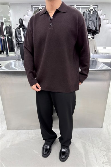 Kahverengi Soft Premium Oversize Triko Polo Yaka Kazak
