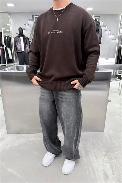 Kahverengi South Baskılı Oversize Kazak