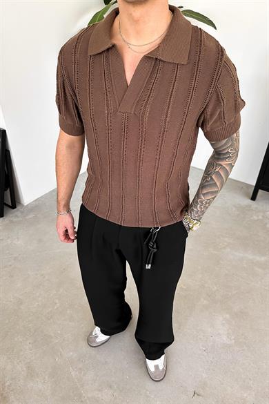 Kahverengi Striped Knitwear Relaxed Triko Polo Yaka Tişört