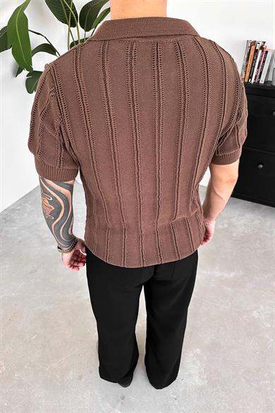 Kahverengi Striped Knitwear Relaxed Triko Polo Yaka Tişört