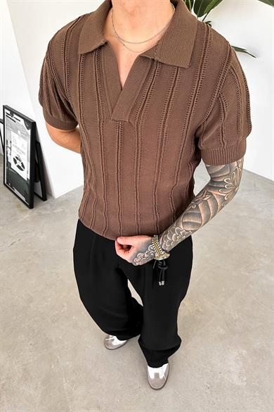 Kahverengi Striped Knitwear Relaxed Triko Polo Yaka Tişört